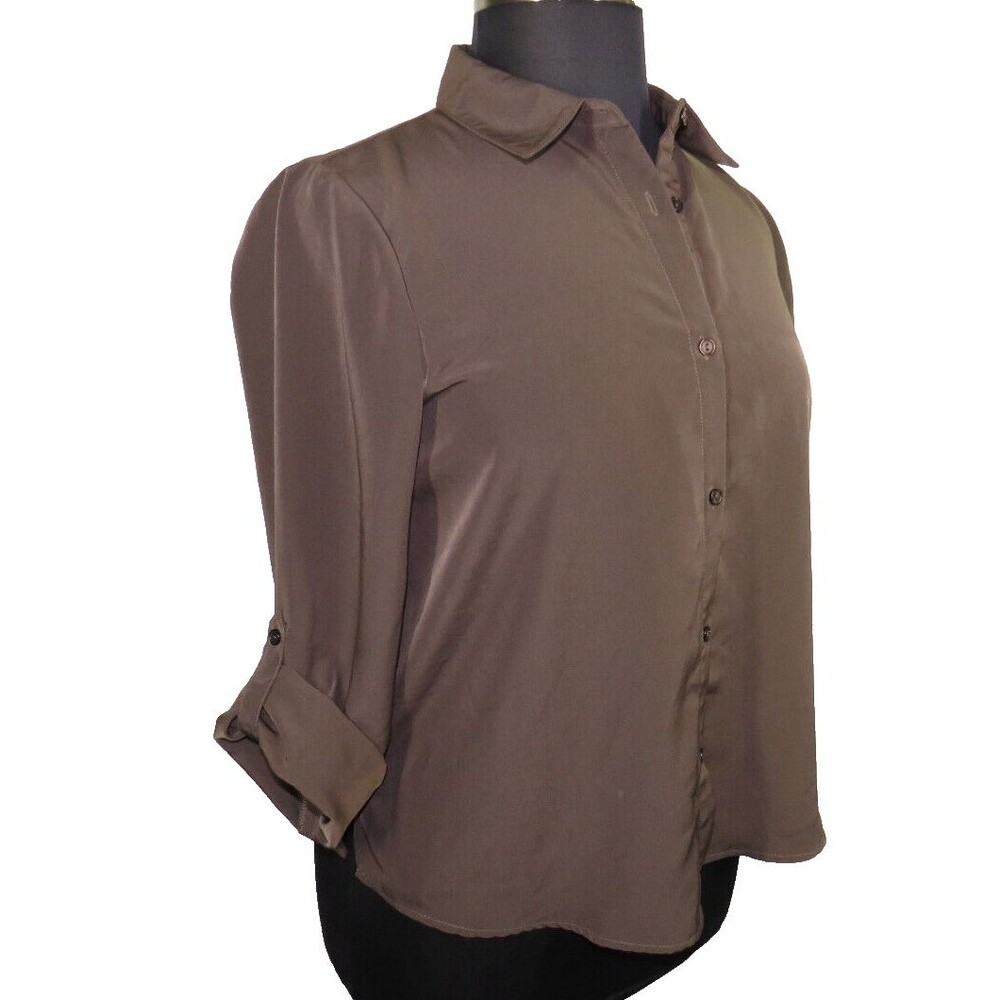 Roaman's Women's Brown Long Sleeve Roll Tab Button Up Blouse Plus 14W